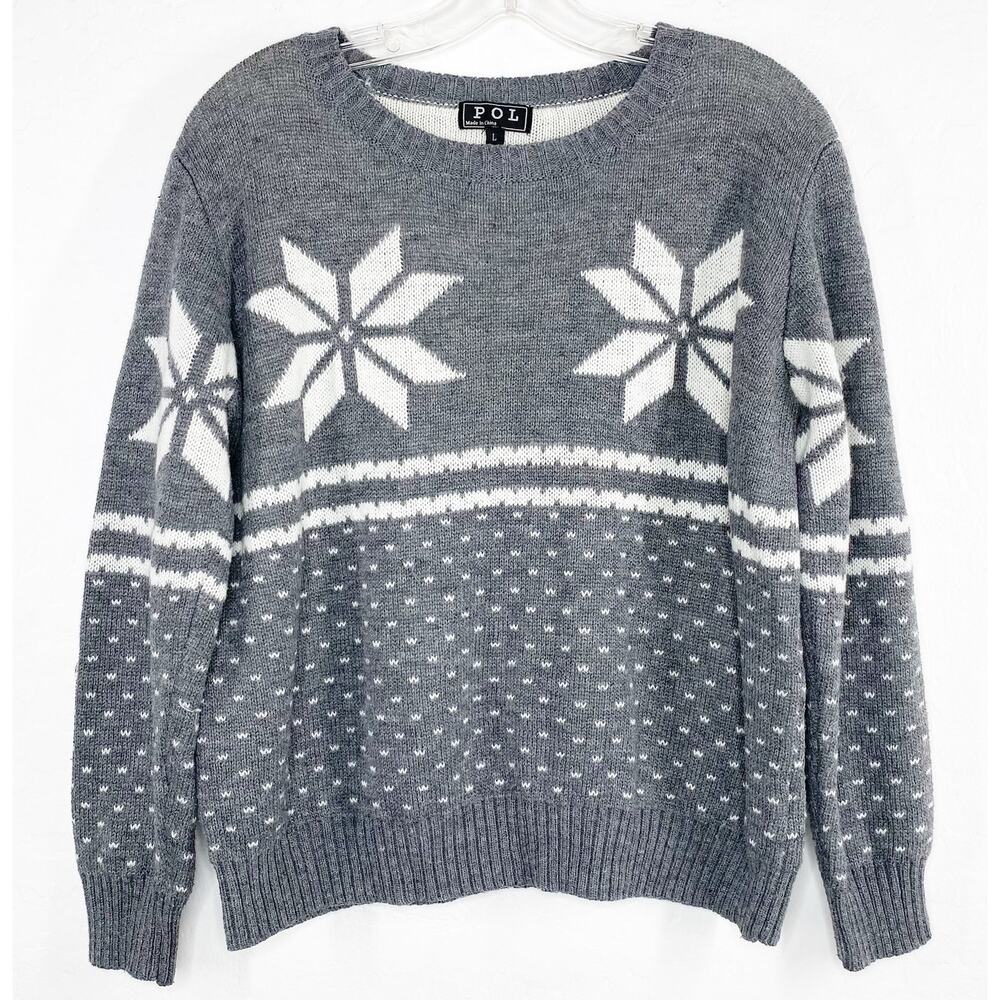 POL Nordic Fair Isle Snowflake Sweater Gray White Double Knit Crew Neck Large